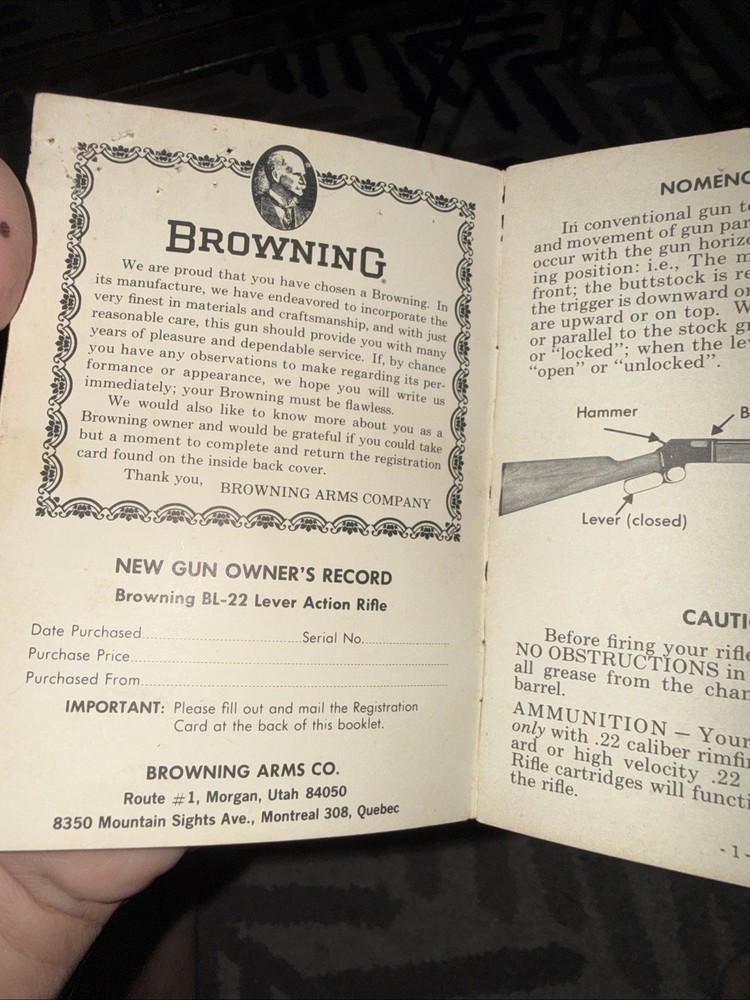 Browning Model BL-22 Owners Manual ORIGINAL !