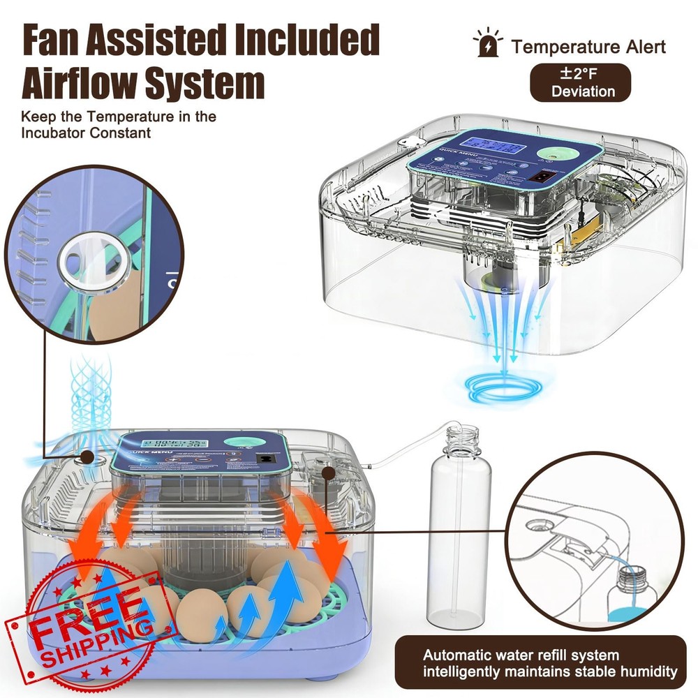 Smart Egg Incubator 360° View Auto Turner Humidity Temp Control