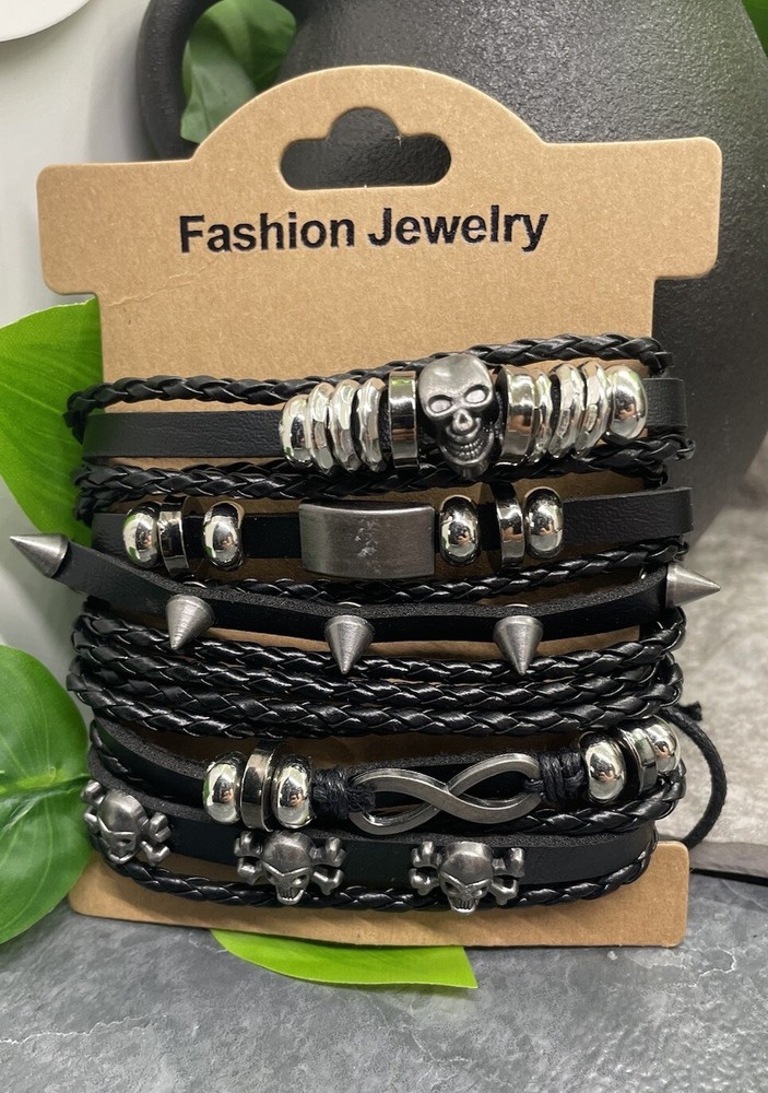 6 PC PU Leather Punk Bead Bracelet Stackable Adjustable Tie New Free Ship B3315