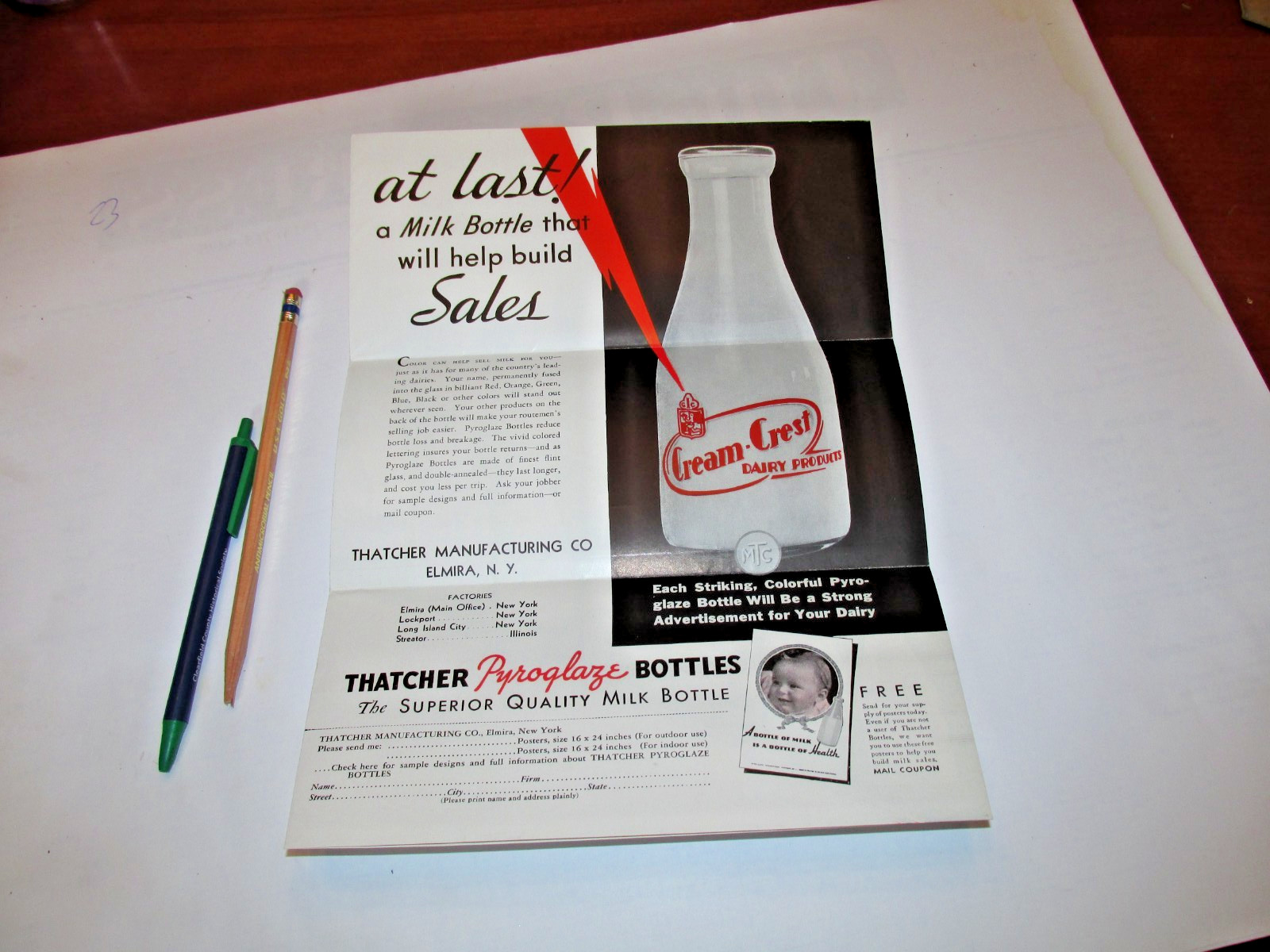 THATCHER MILK BOTTLE MAILER POSTER 1930'S "PYROGLAZE!" ELMIRA, NY, ADVERT
