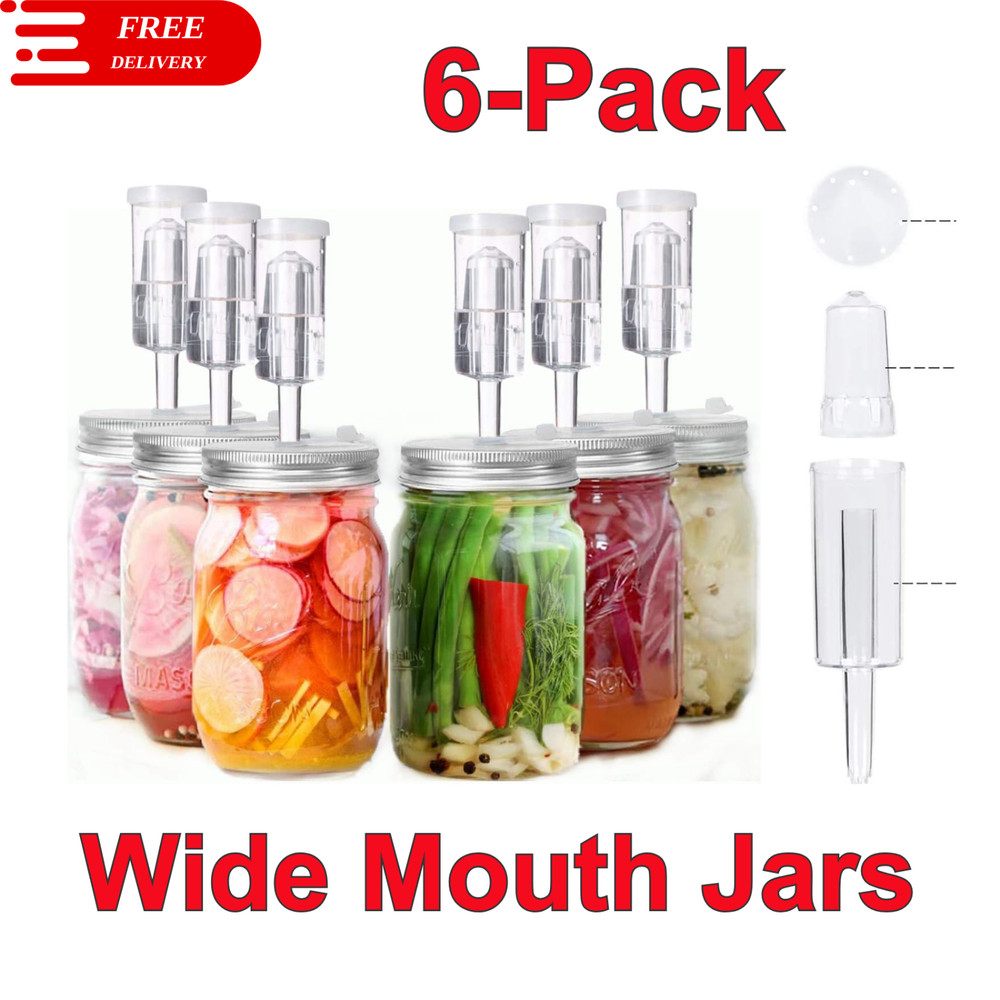 6-Pack Fermentation Lids Kit for Wide Mouth Jars, Includes Airlocks & Grommets