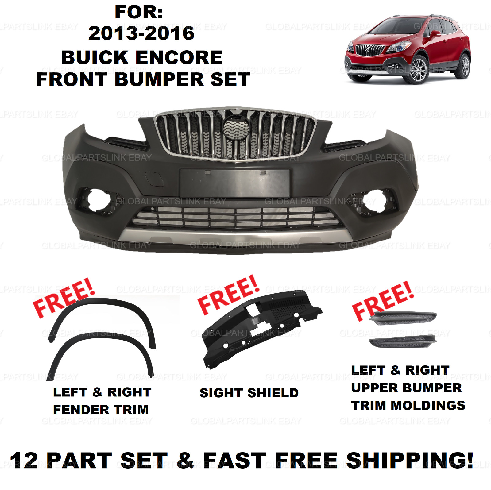 2013 2014 2015 2016 Buick Encore Front Bumper Set Upper Lower With All Grills !
