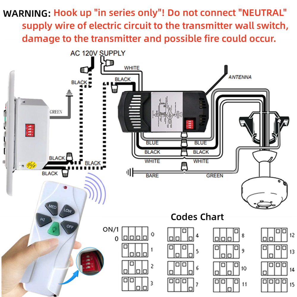 Ceiling Fan Wall Remote Control UC9050T 4DIP Switch For Harbor Breeze Hampton