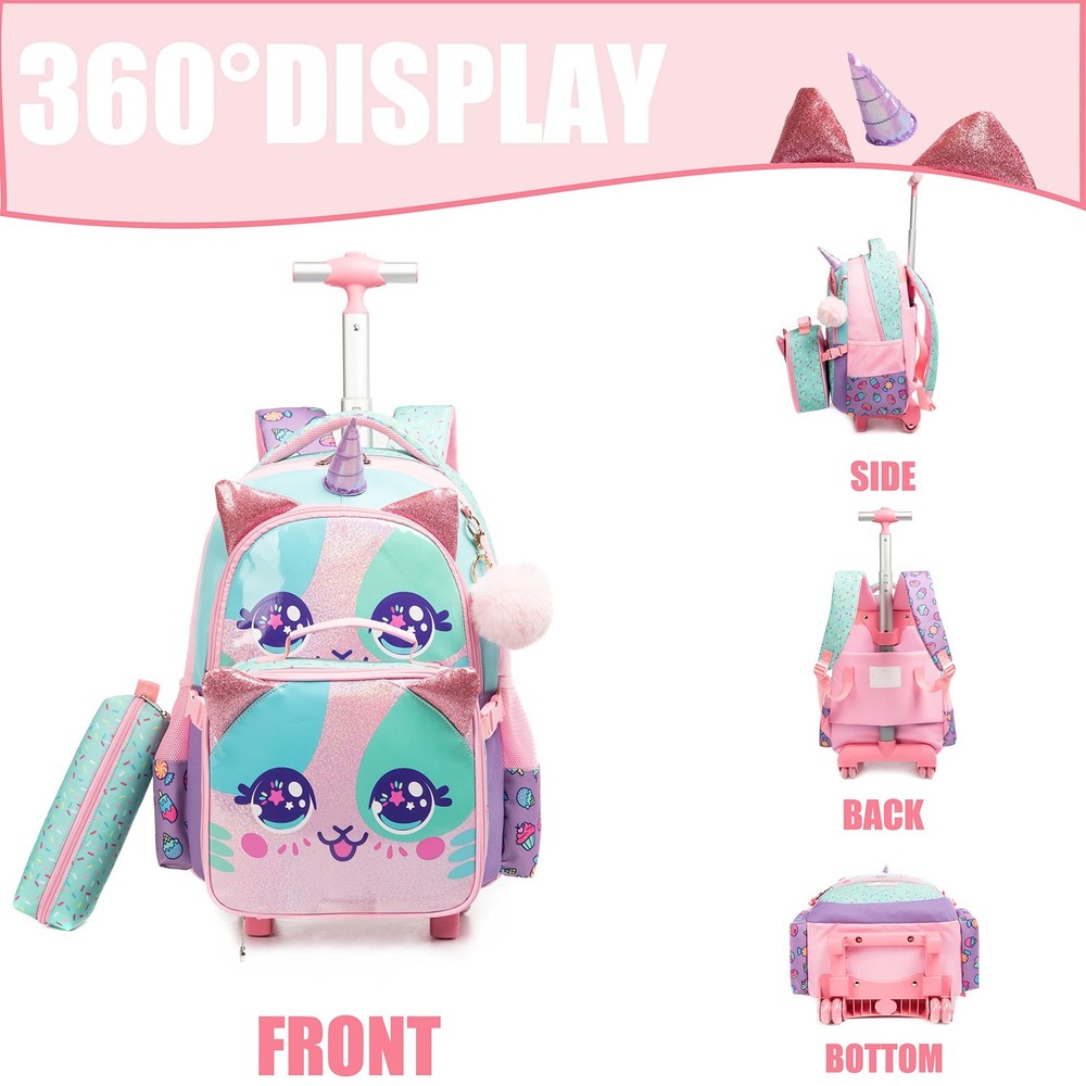 Unicorn Roller Backpack with Wheels Set for Elementary Students Carry on Lugg...
