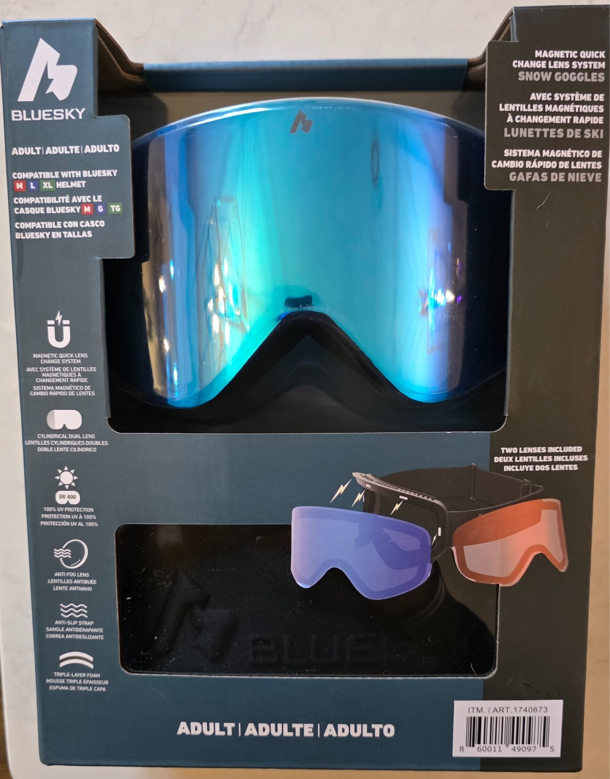 BLUESKY Adult Snow Goggles w/ Magnetic Quick Change Lens System, 2 Lenses, NIB