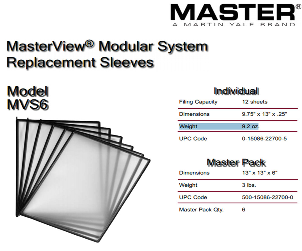 Martin Yale MVS6, MasterView Modular System Replacement Sleeves, Black
