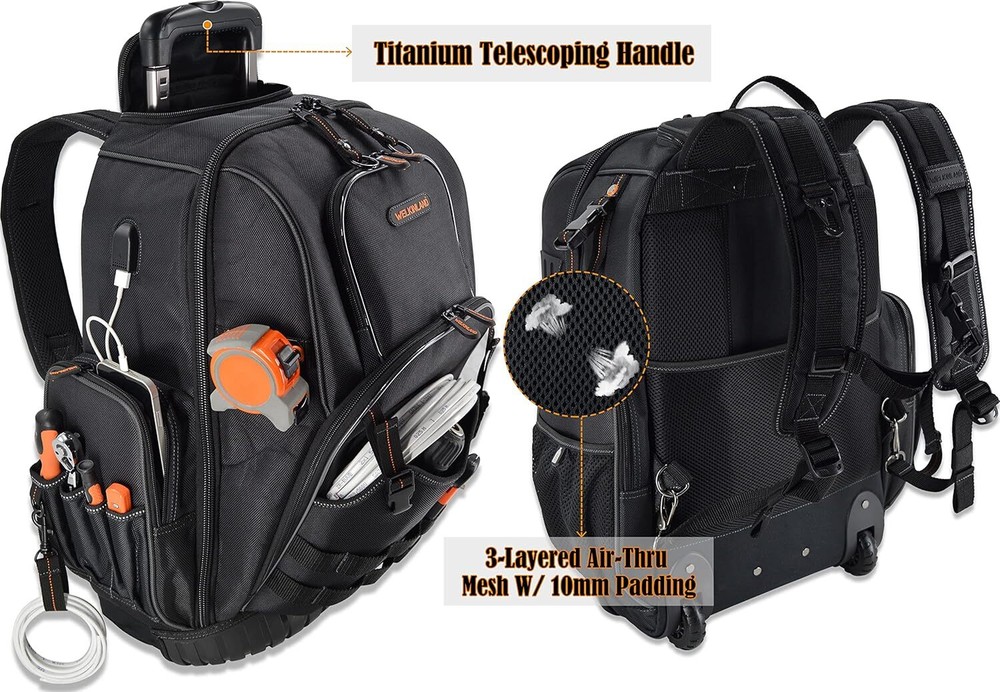 72Pockets Rolling Tool backpack, Large tool bag with wheels, Rolling Electrician
