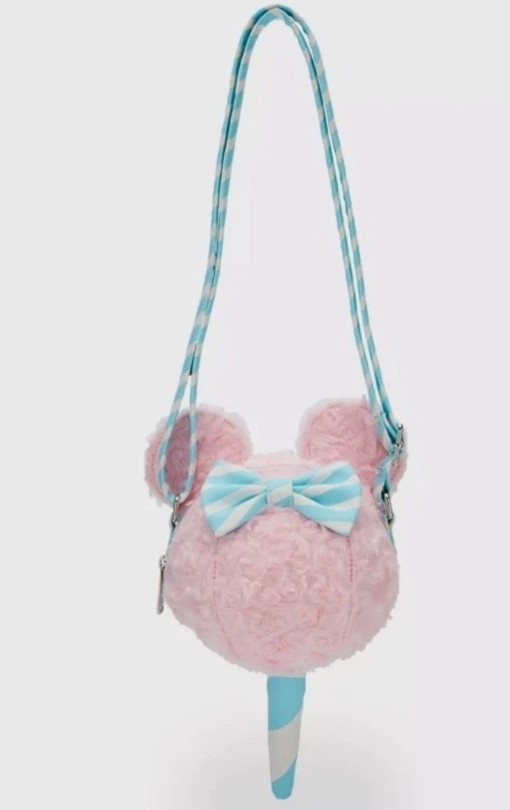 Loungefly Crossbody Purse Bag: MINNIE MOUSE COTTON CANDY Figural Pink Blue Fuzzy