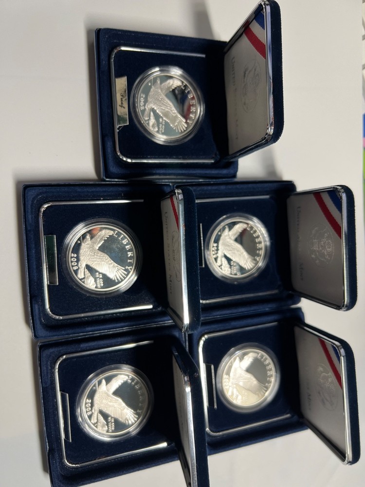 5 SETS- 2008 BALD EAGLE COMMEMORATIVE SILVER PROOF DOLLAR, EA3 US MINT, BOX+COA