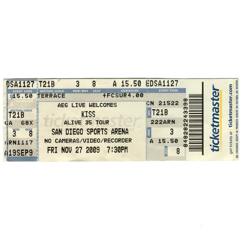 KISS & BUCKCHERRY Concert Ticket Stub SAN DIEGO CA 11/27/09 SPORTS ARENA Rare
