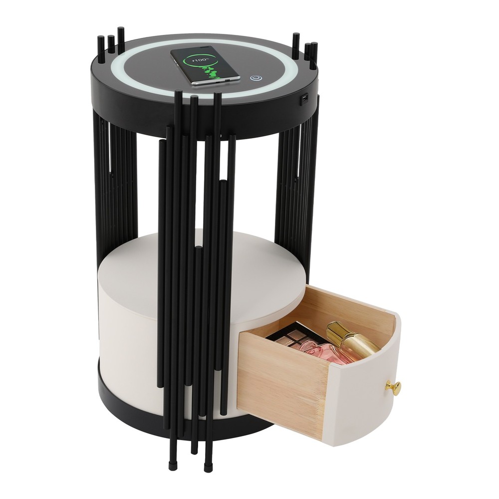 LED Bed Side Table Smart Nightstand w/ Wireless Charging Station Side/End Table