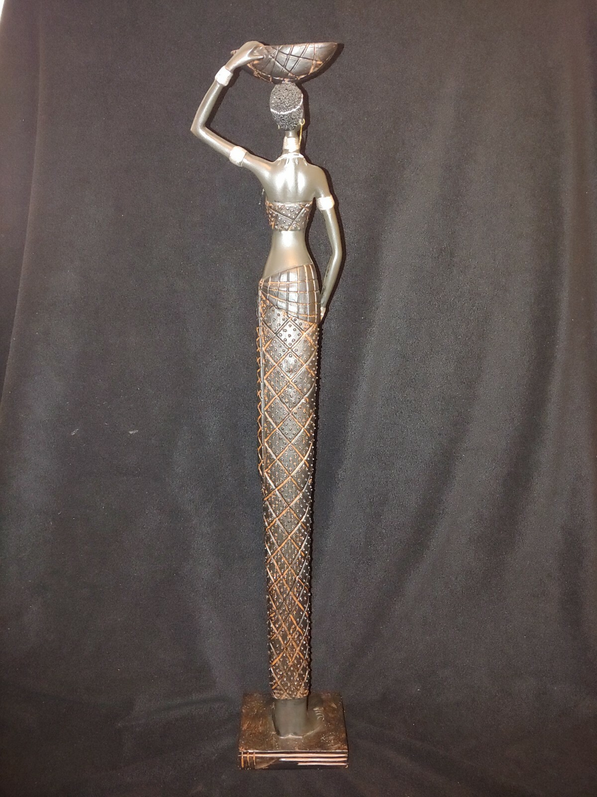 Tall African Tribal Woman Figurine Large Resin Statue Carrying Bowl 24"