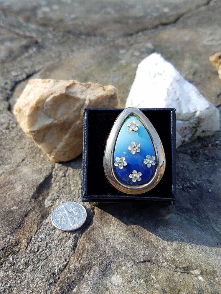 UPCYCLED ENAMEL RHINESTONE FLOWER RING, BLUE, REPURPOSED, ADJUSTABLE