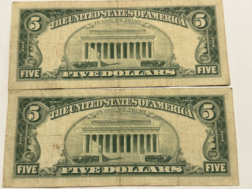 1963 $5 Dollar Red Seal Notes (2) Good Shape (whole) D123