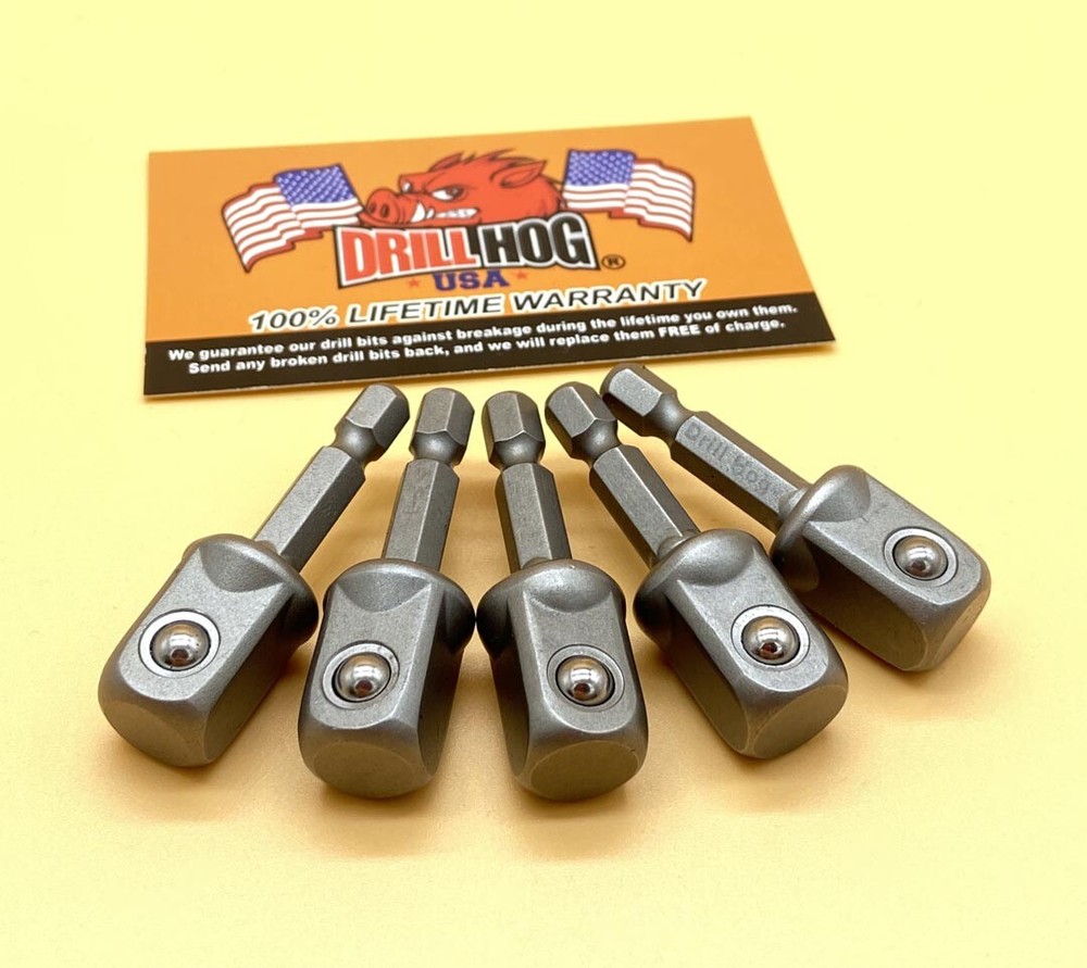Drill Hog® 1/2" Socket Adapter Hex Shank Impact Driver Bit 5Pc Lifetime Warranty