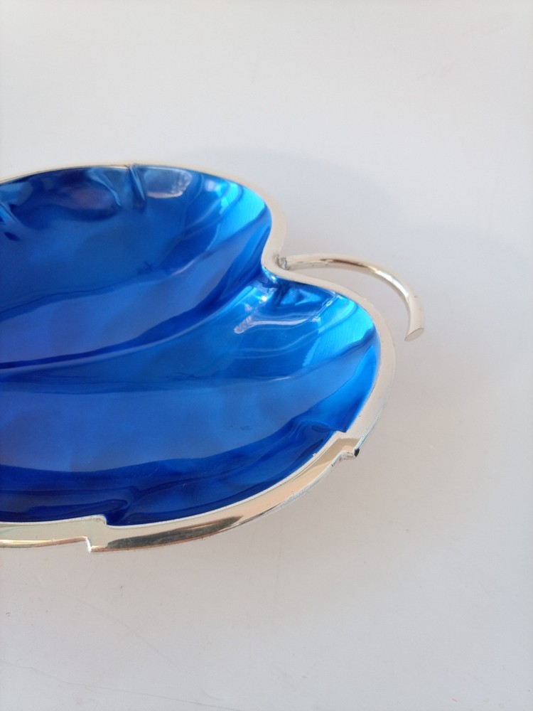 Vintage MCM Dekra Silver Plated BLUE ENAMEL Dish Bowl Leaf Shaped 7"