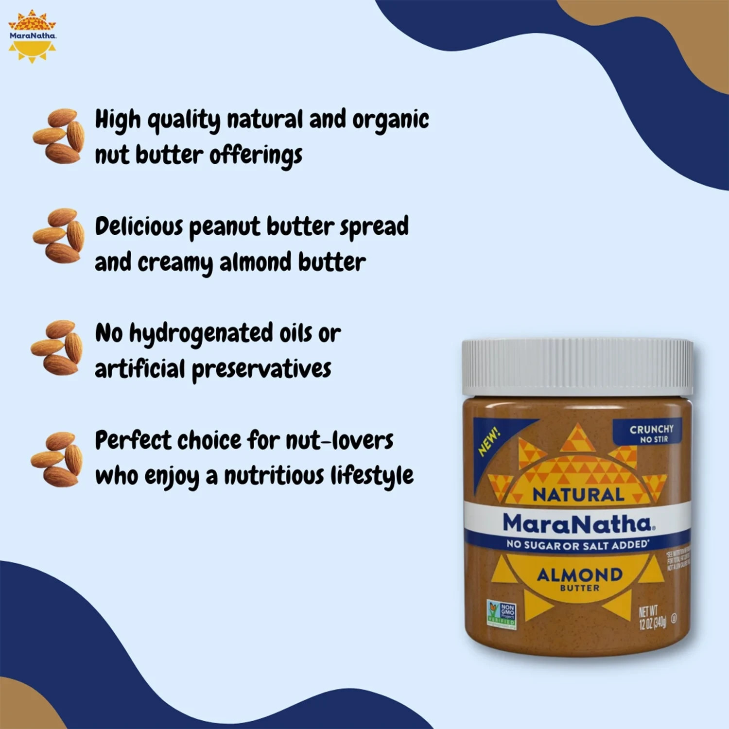 MaraNatha Natural No Sugar No Salt Crunchy Almond Butter, 12 oz