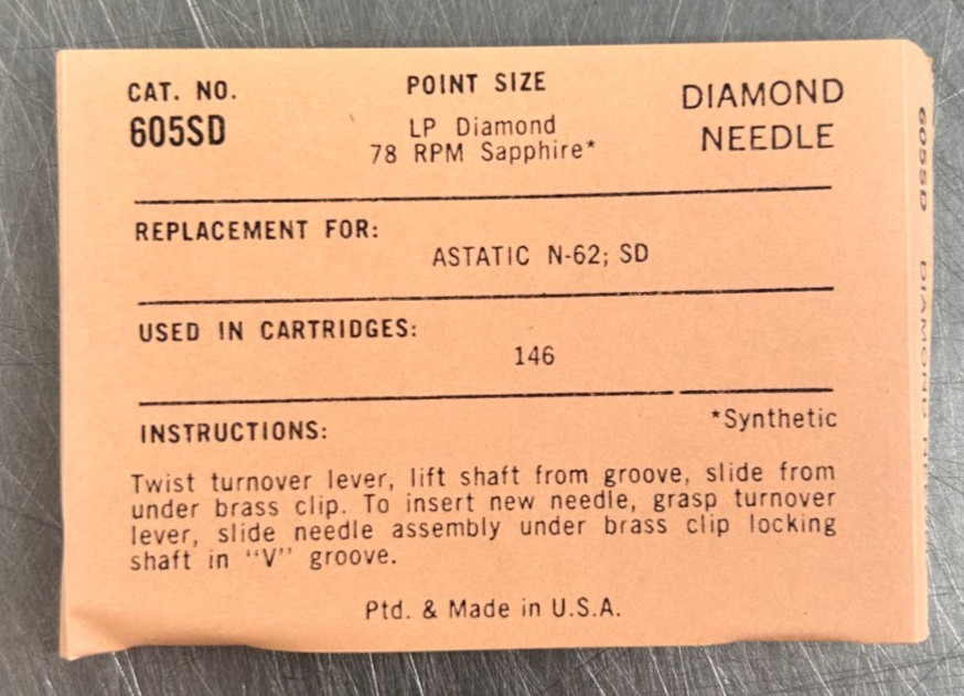 Diamond Needle Stylus 605 SD - Replacement For Astatic N-62 SD NEW