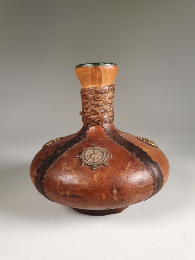 Vintage Leather Wrapped Green Bottle Decanter