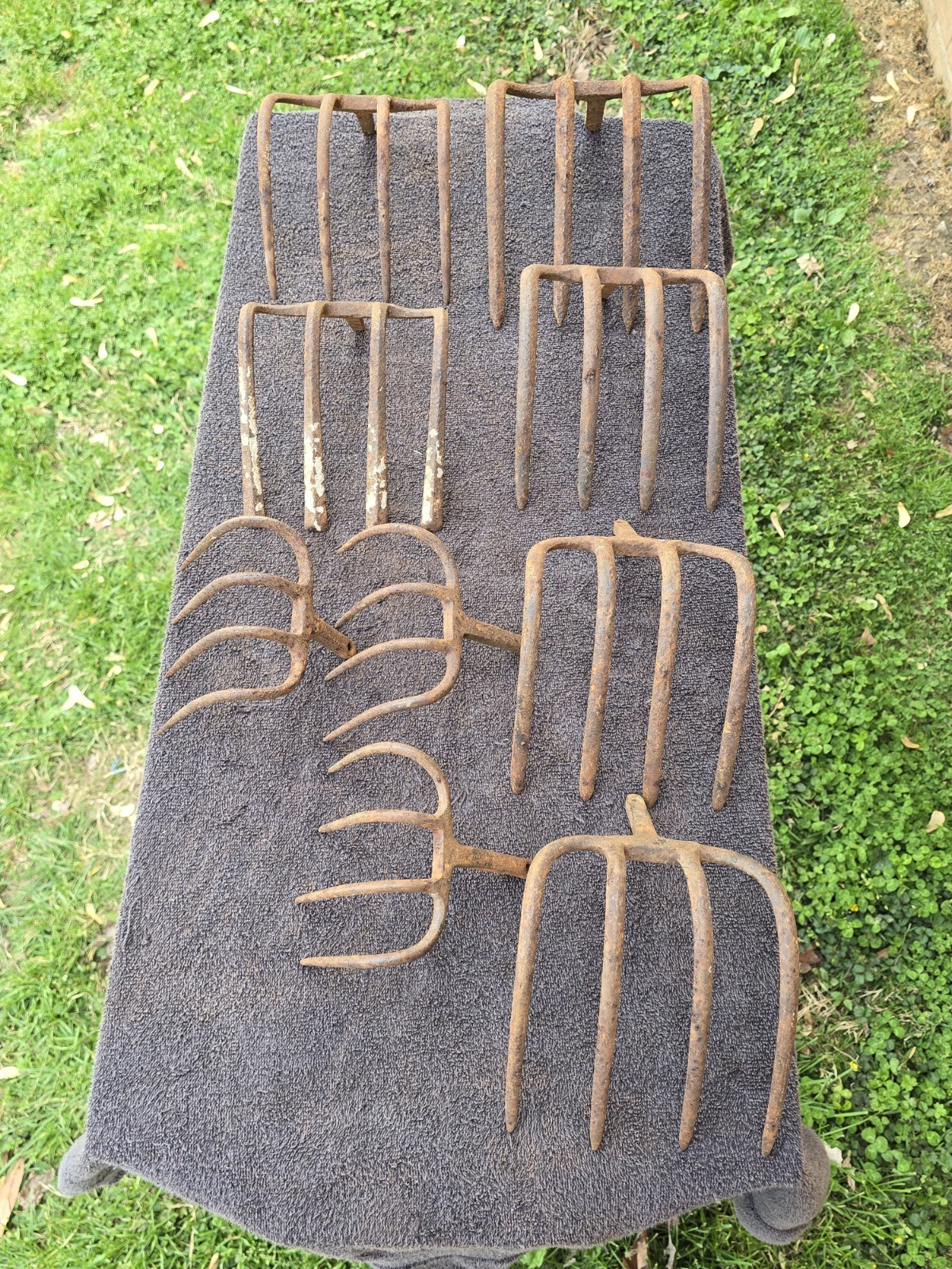 Antique 4 Tine Prong Fork Garden Rake Cultivator Hoe Claw Tool Head Lot Vtg Old