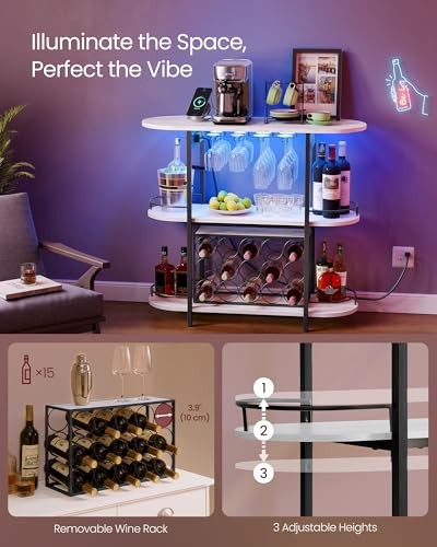 Bar Cabinet with LED Lights and Power Outlets, Rustic White Rustic