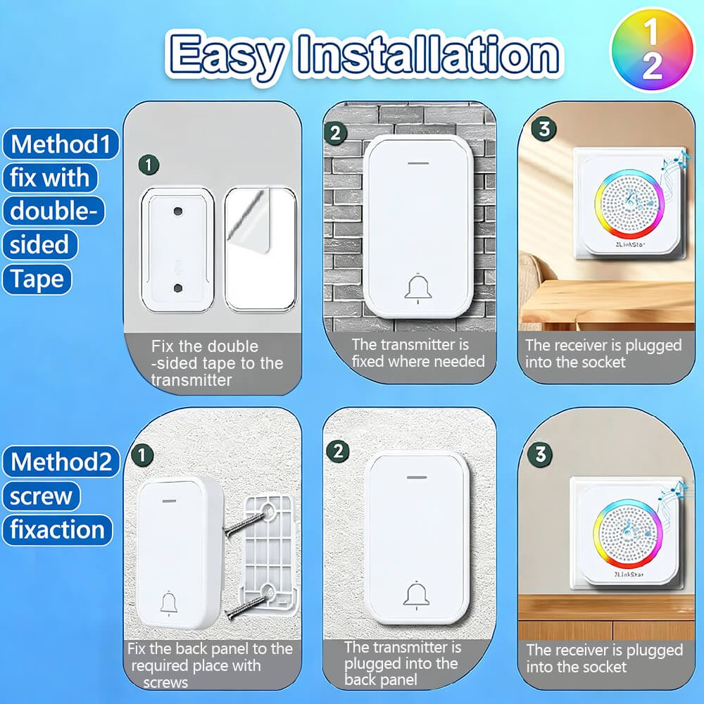 Wireless Doorbell Chime Waterproof Receiver Self-Powered Adjustable Volume 350M