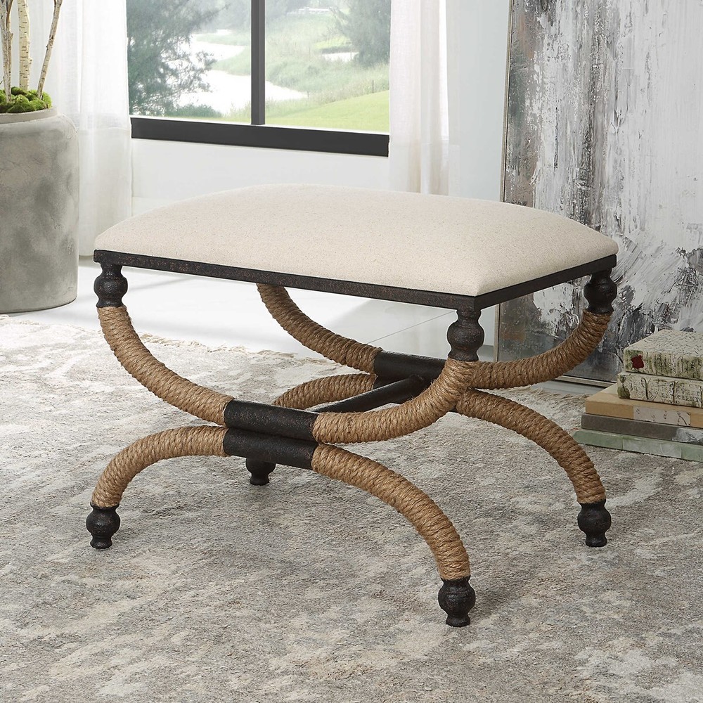 NEW ICARIA RUSTIC INSPIRED BENCH IRON BASE ROPE DETAILS UTTERMOST 23741