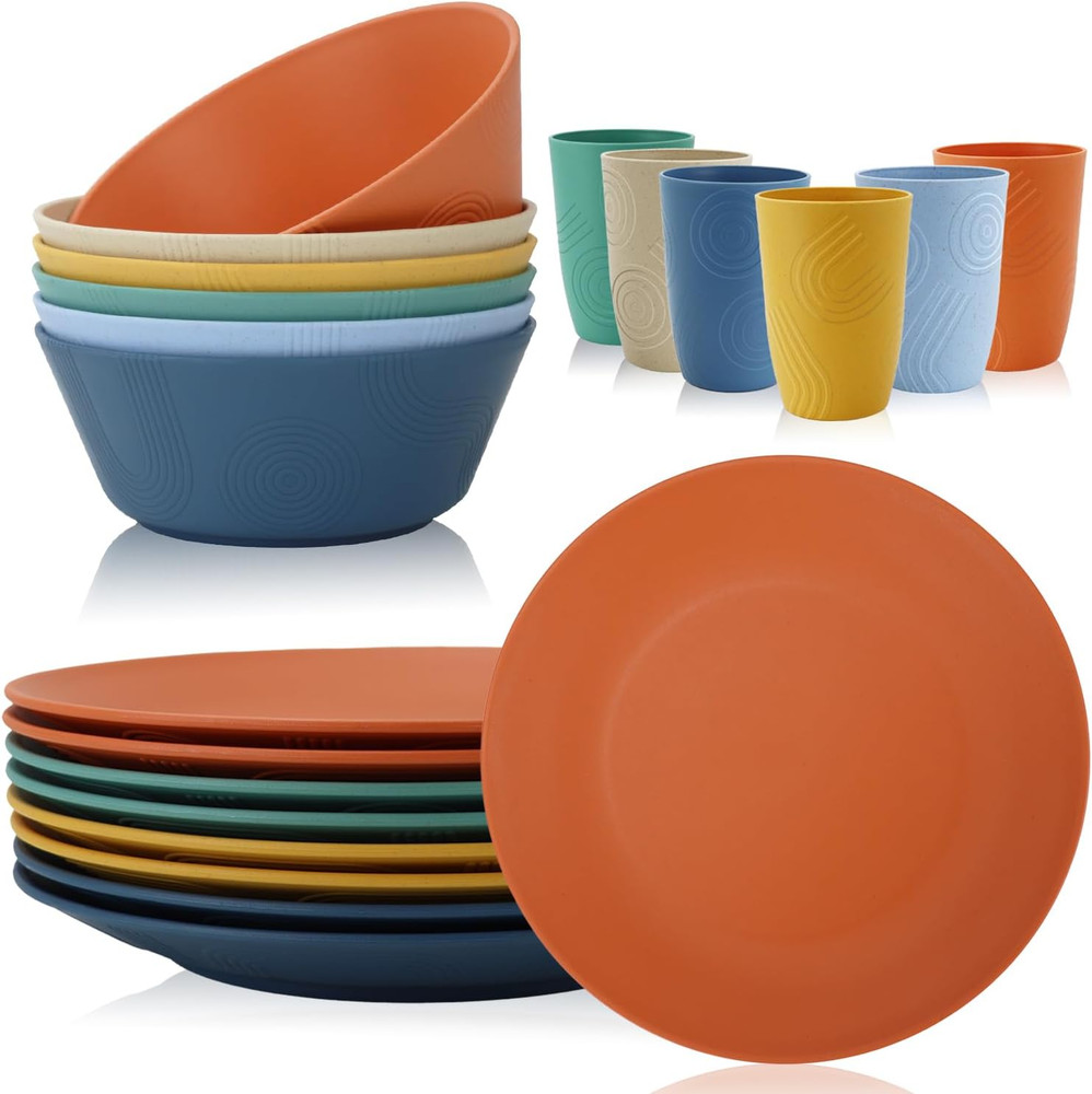 20 Pcs Wheat Straw Dinnerware Set, Unbreakable Plastic Dish Set - Dinner Plate C