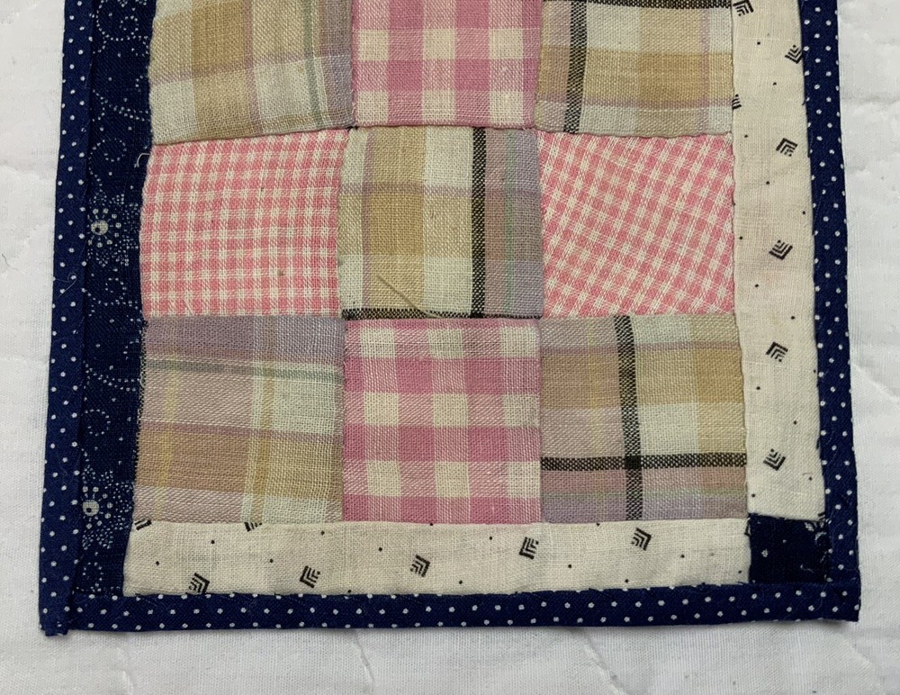 Antique Vintage Patchwork Quilt Table Topper, Nine Patch, Early, Pink, Multi