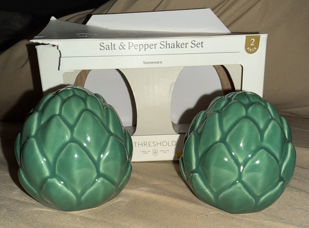 Threshold Salt & Pepper Shaker Set Green Stoneware Artichoke Kitchen Table Decor