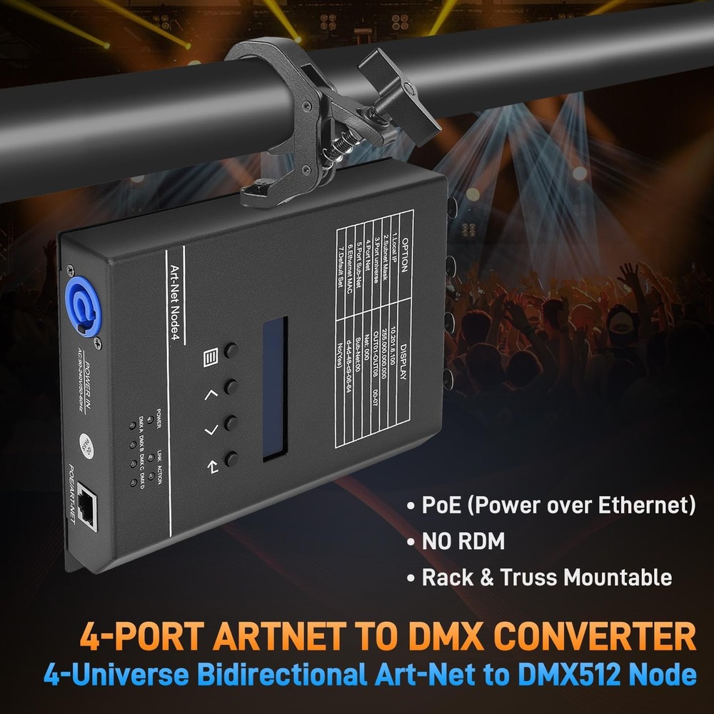 4-Port ArtNet DMX Converter, Bidirectional 4-Universe Node, Rack Mountable