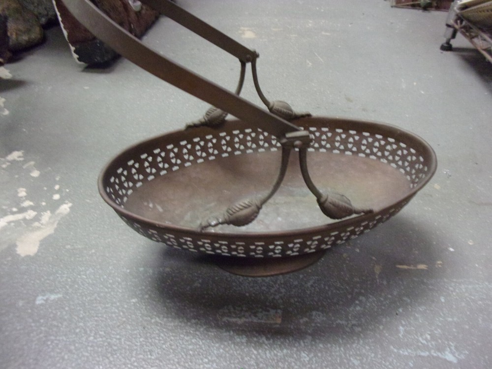 Rare Hand Hammered Copper Bronze open work handled basket