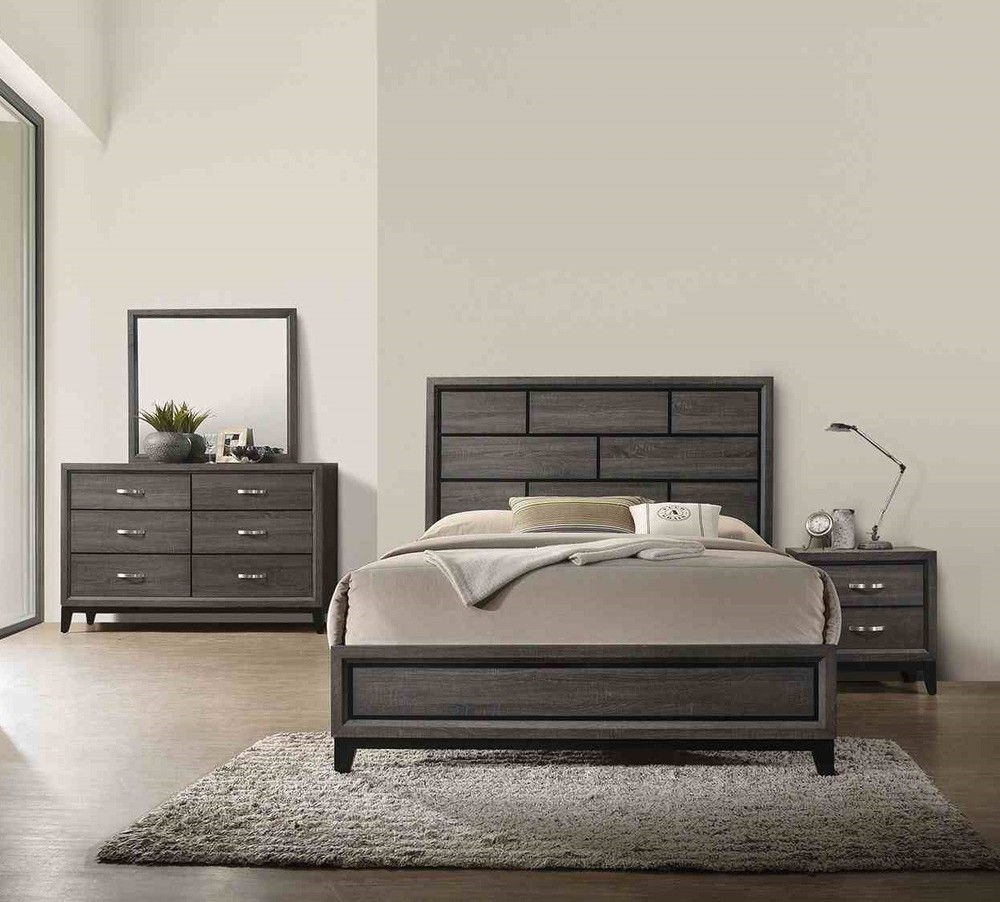 Contemporary Style Full Size 6pc Bed Set Panel Headboard Two Tone Design Gray