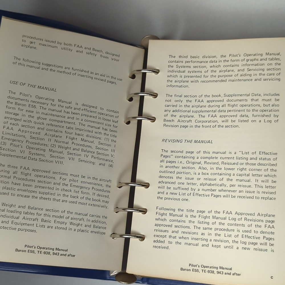 Beechcraft E55 & E55A Baron Pilot's Operating Handbook TE-938, TE-943 1973
