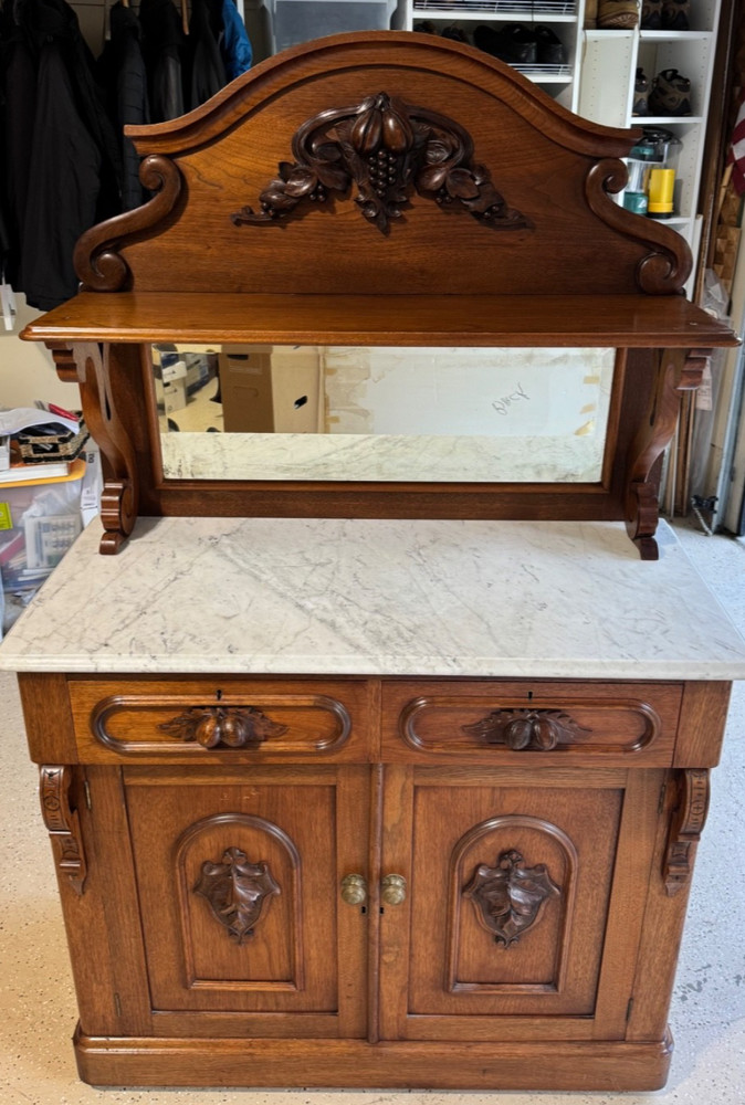 Antique Victorian Walnut  Marble Sideboard Buffet Server Huntboard Renaissance