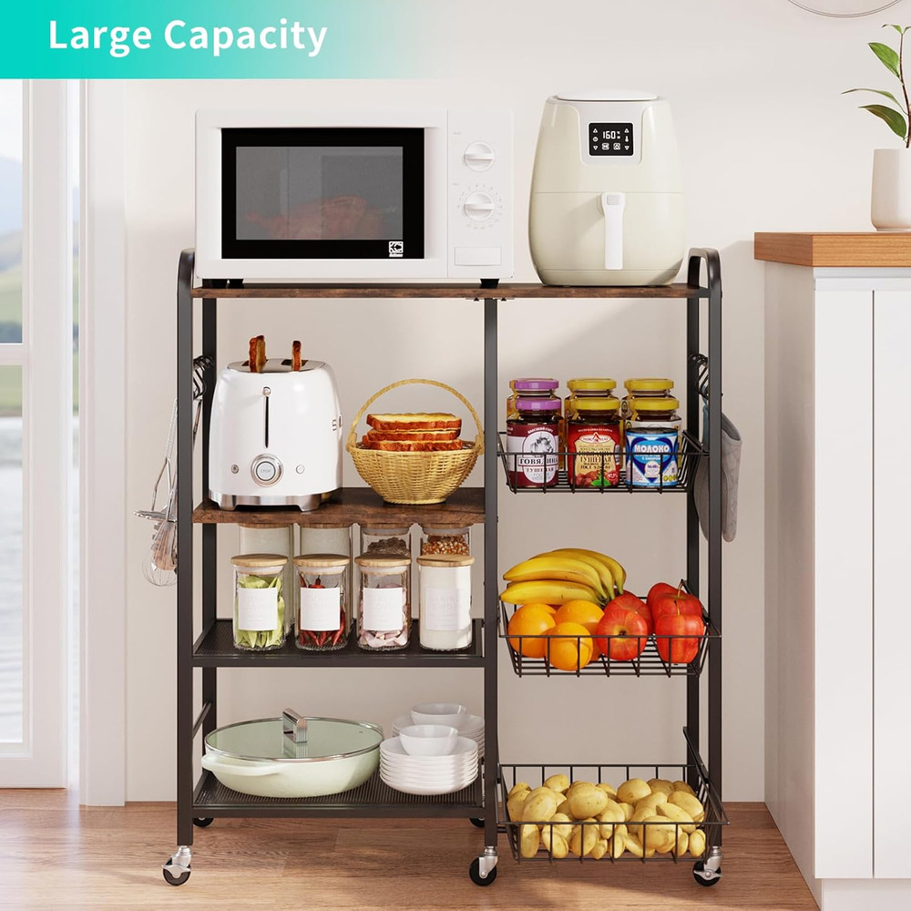 Rolling Kitchen Microwave Cart - 4 Tier Microwave Table Stand with Pull-Out Bask