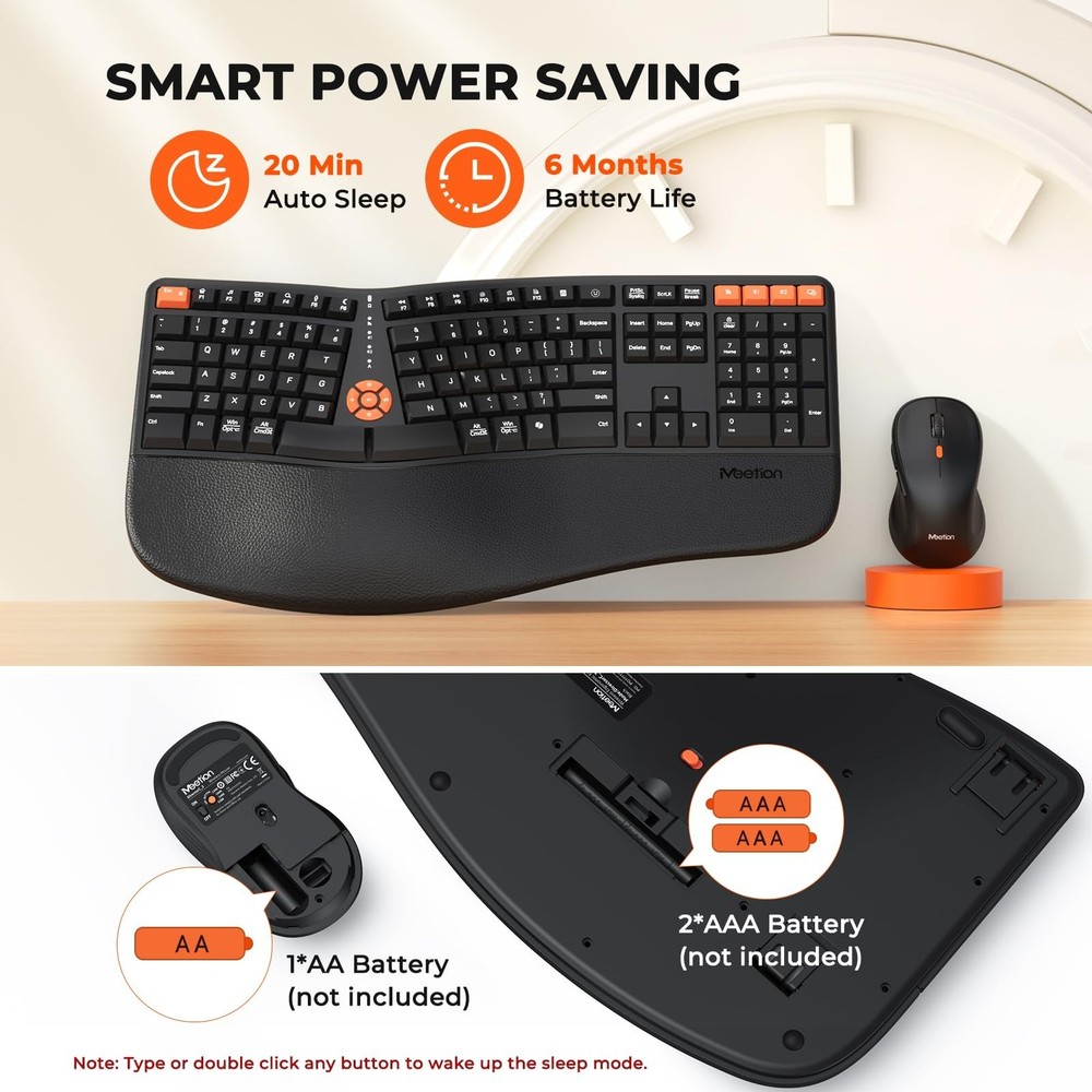 MEETION Ergonomic Keyboard and Mouse, 2.4G Wireless/Bluetooth Split Keyboard ...