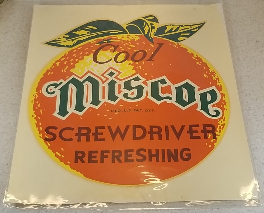 MISCOE SCREWDRIVER LARGE VINTAGE BARWARE ADVERTISING DECAL NEW OLD STOCK