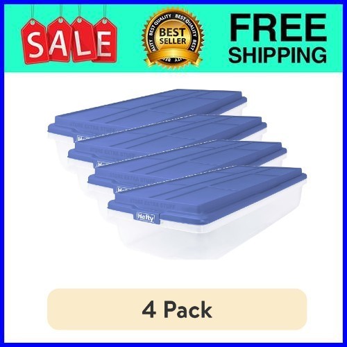 (4 pack) Hefty HI-RISE 63 Quart Large Latching Storage Bin, Clear Plastic, Blue