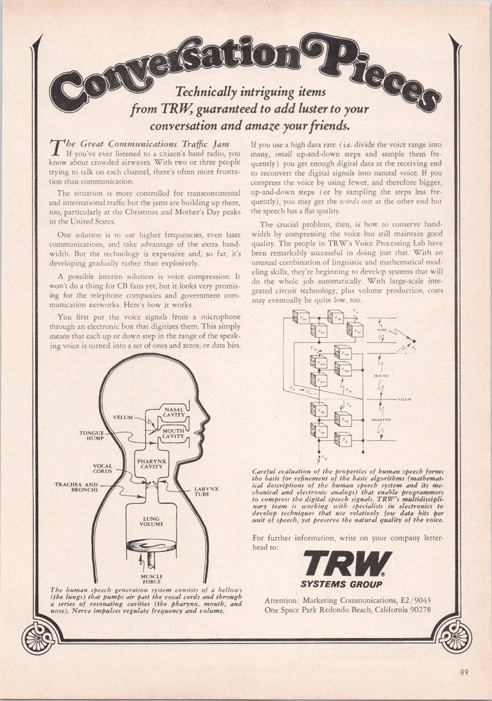 TRW Systems Group Original 1974 Print Ad Voice Compression Tech Science