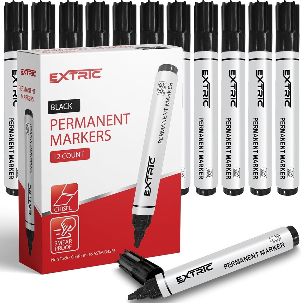 EXTRIC Permanent Markers Black Chisel Tip 12 Pack Quick Dry Ink Multi-Surface