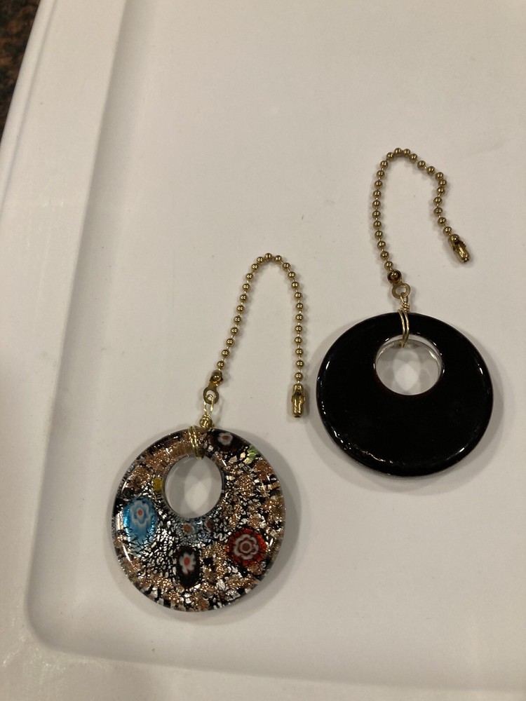 GOLDEN BLACK GLITTER CIRCLE ART GLASS CEILING FAN SWITCH PULL CIRCULAR LARGE PR