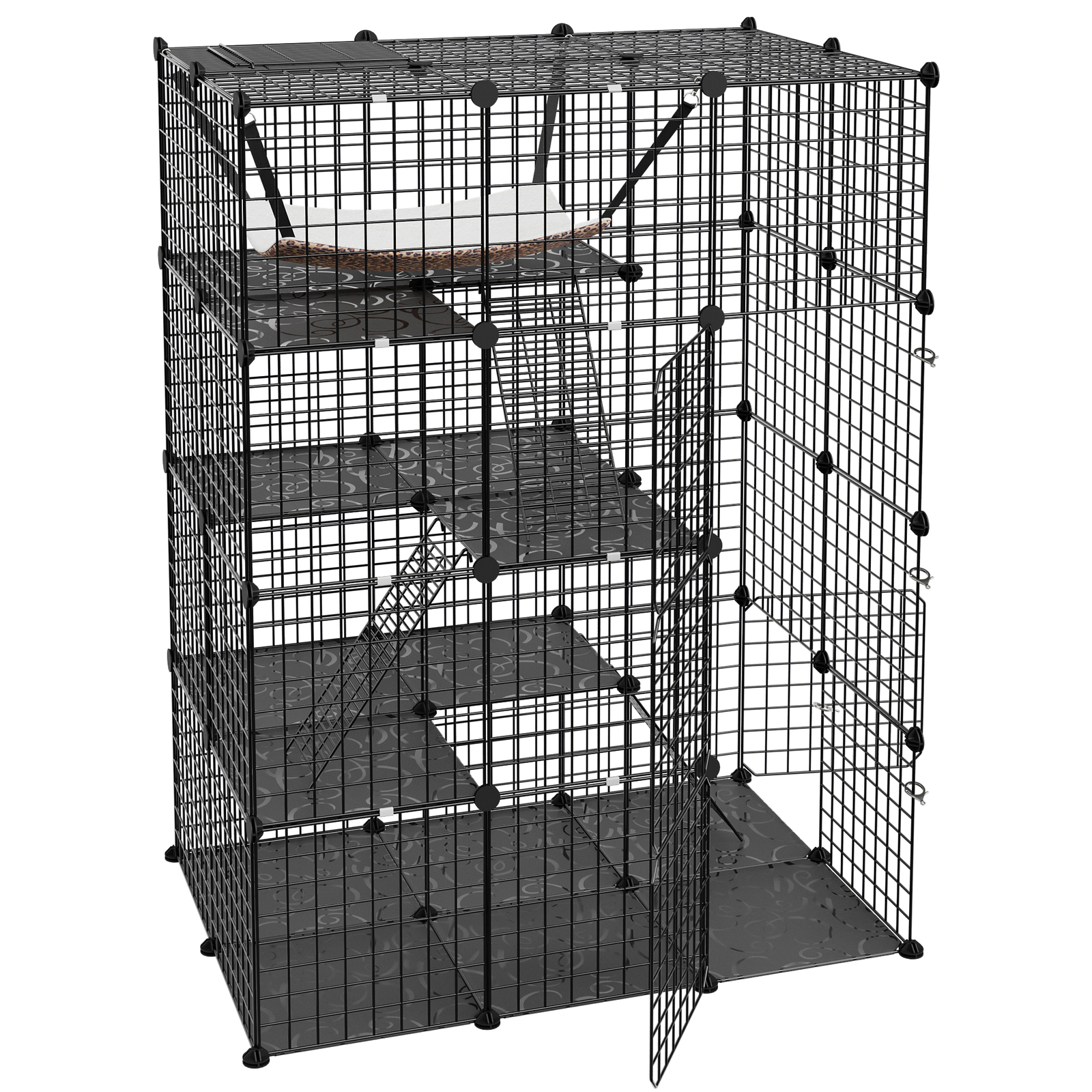 4-Tier Cat Cage DIY Enclosures Large Space Cat Crate Playpen with Hammock Black