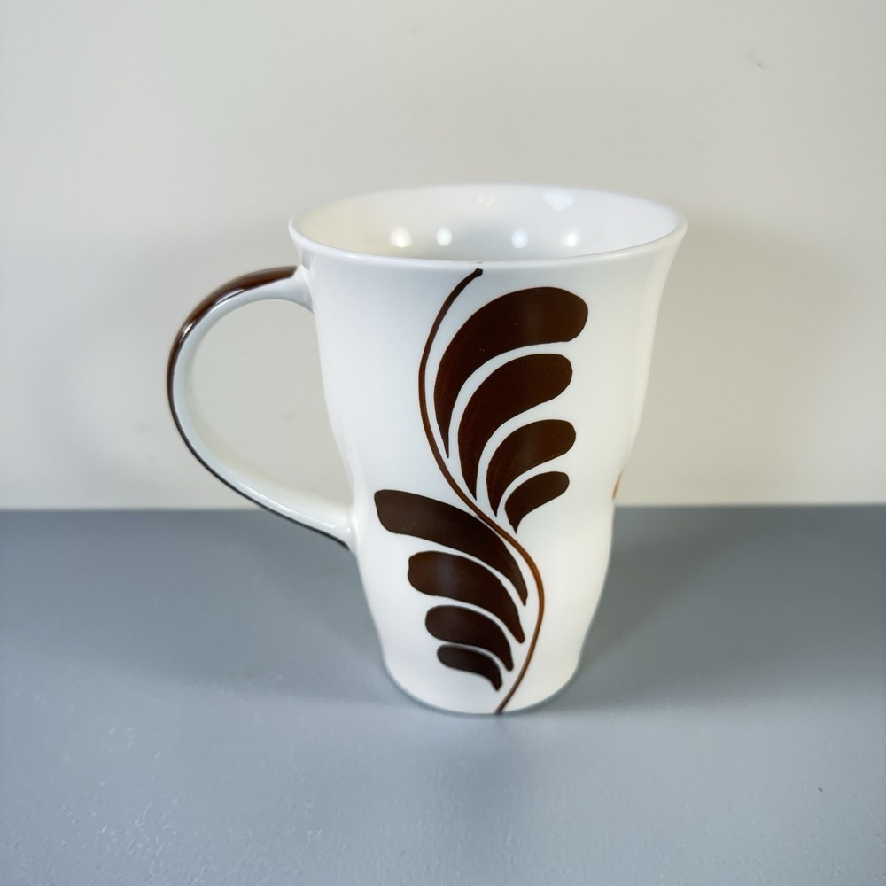 Pier 1 Hand Painted Mug White Multicolor Leaf Pattern Stoneware Cup