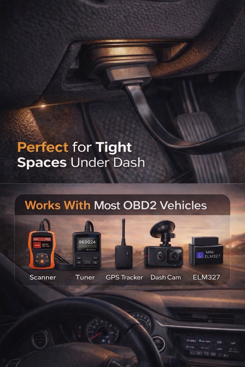 OBD2 16 Pin Male to Female Extension Cable Flat Ribbon Low Profile GPS Scanner