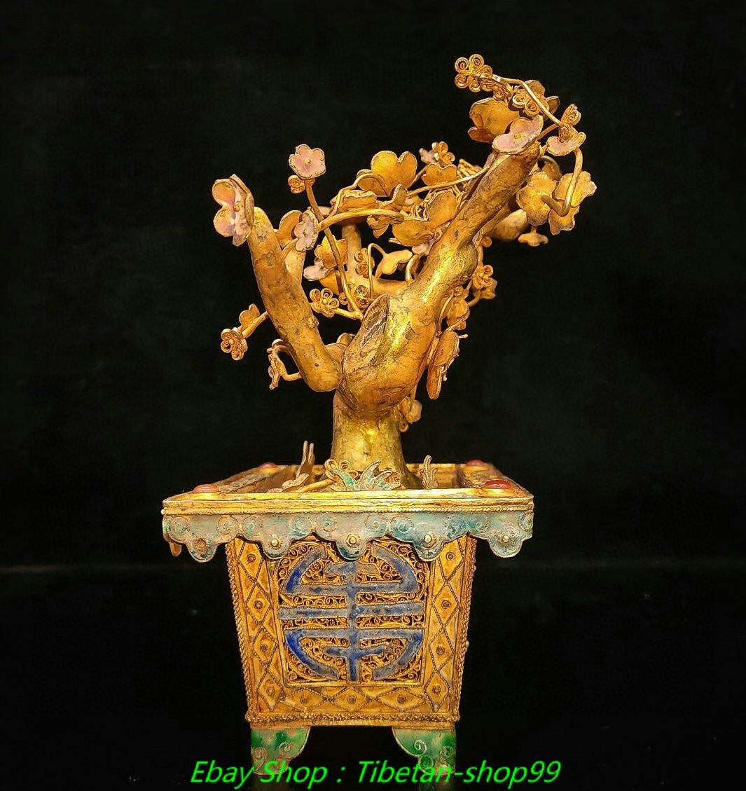 6.3"Old Pure Silver Gilt Cloisonne Enamel Plum Tree Flower Pot Bonsai Statue