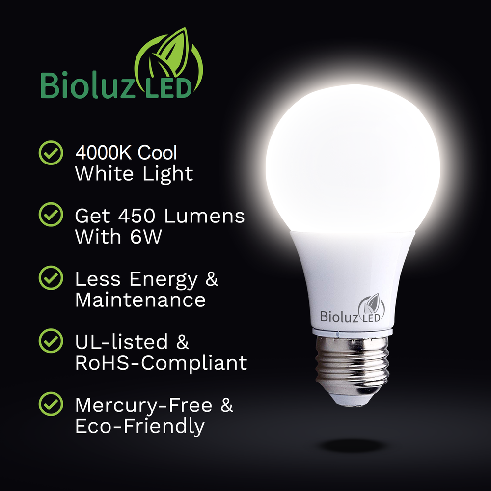 6 Pack Bioluz LED A19 40 Watt LED Light Bulbs Non Dimmable