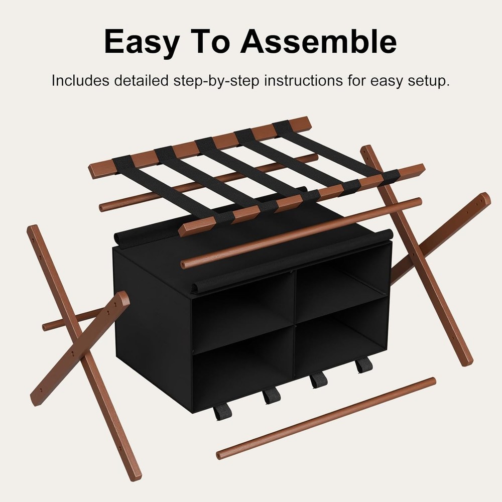 Bamboo Luggage Rack Foldable Suitcase Stand with 4 Storage Compartments