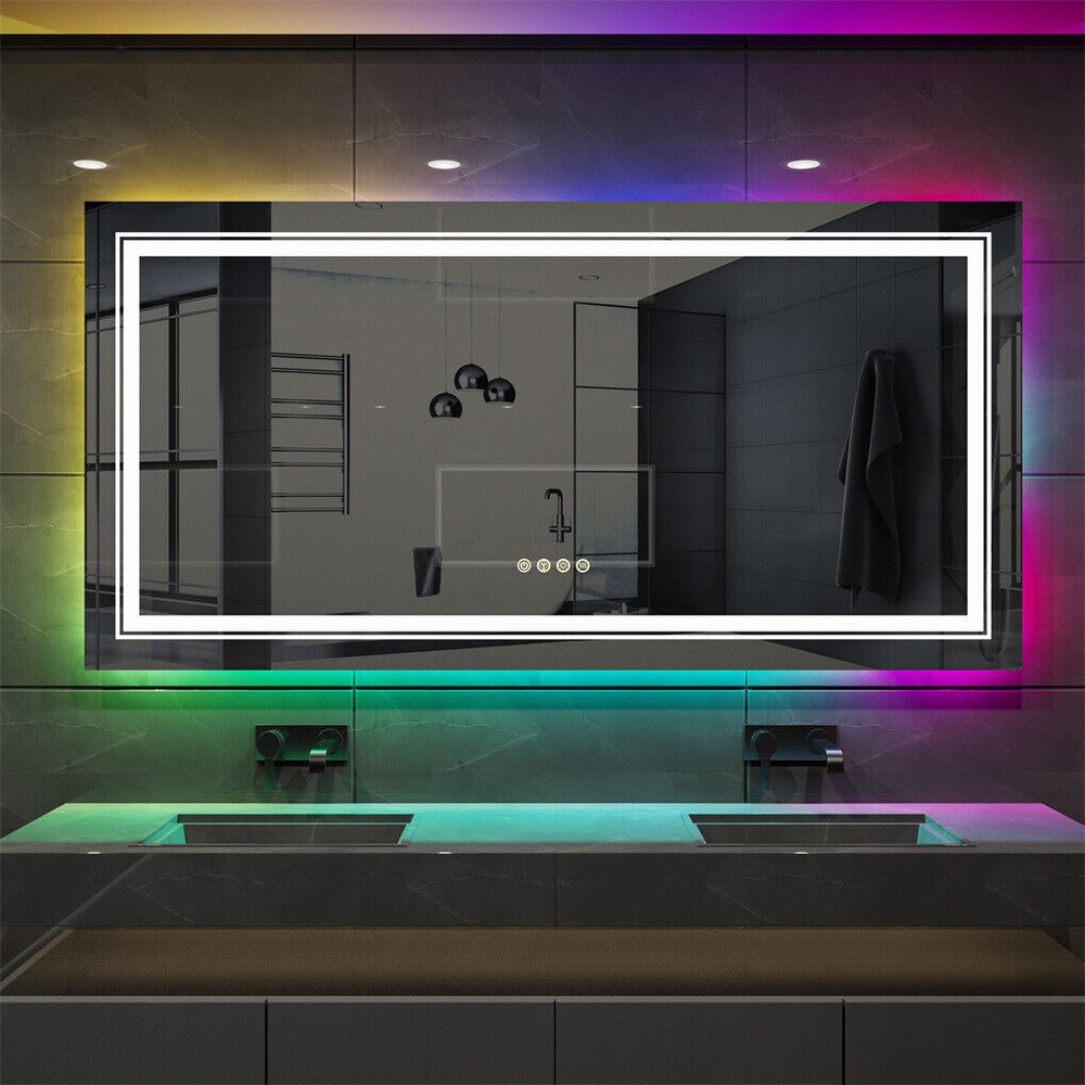 Large Bathroom HD Vanity Mirror RGB Multicolor Backlit+Adjustable Front-Lighted