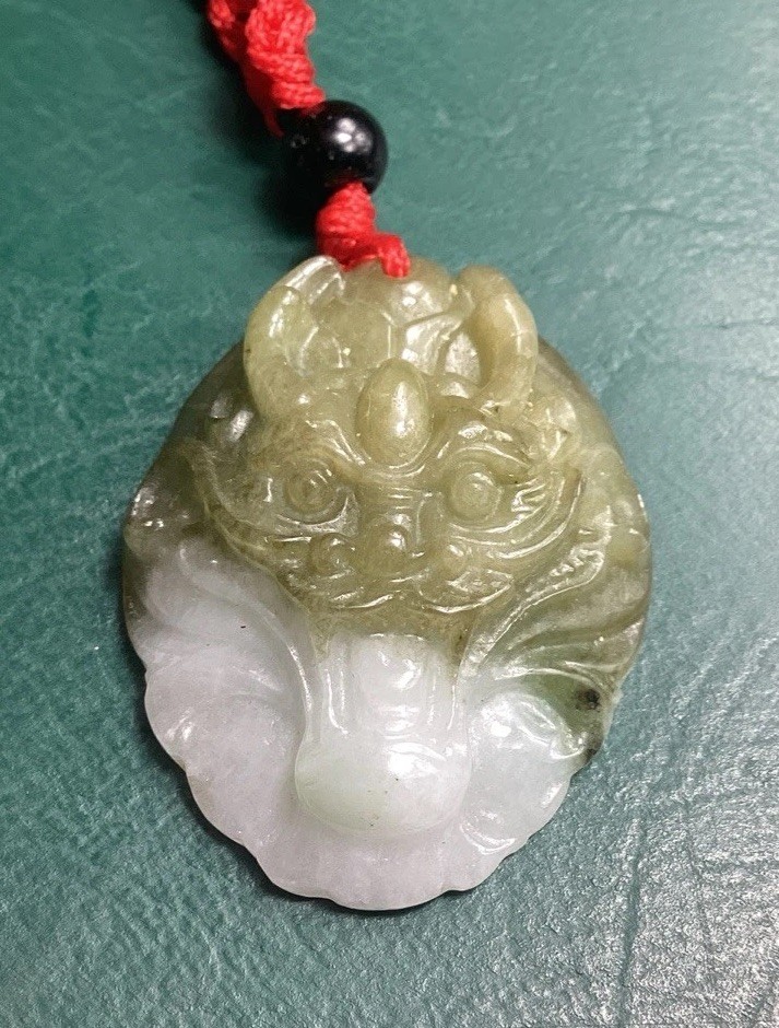 Green & Ivory 1 Sided Jadeite Dragon Face Translucent Pendant